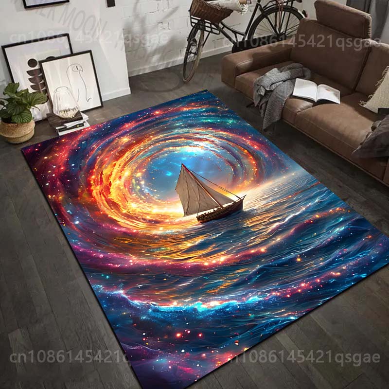1PC Mystical Starry Vortex and Sailboat Print Carpet Rug for Living Room Bedroom Sofa Doormat Home Decor Non-slip Floor Mat