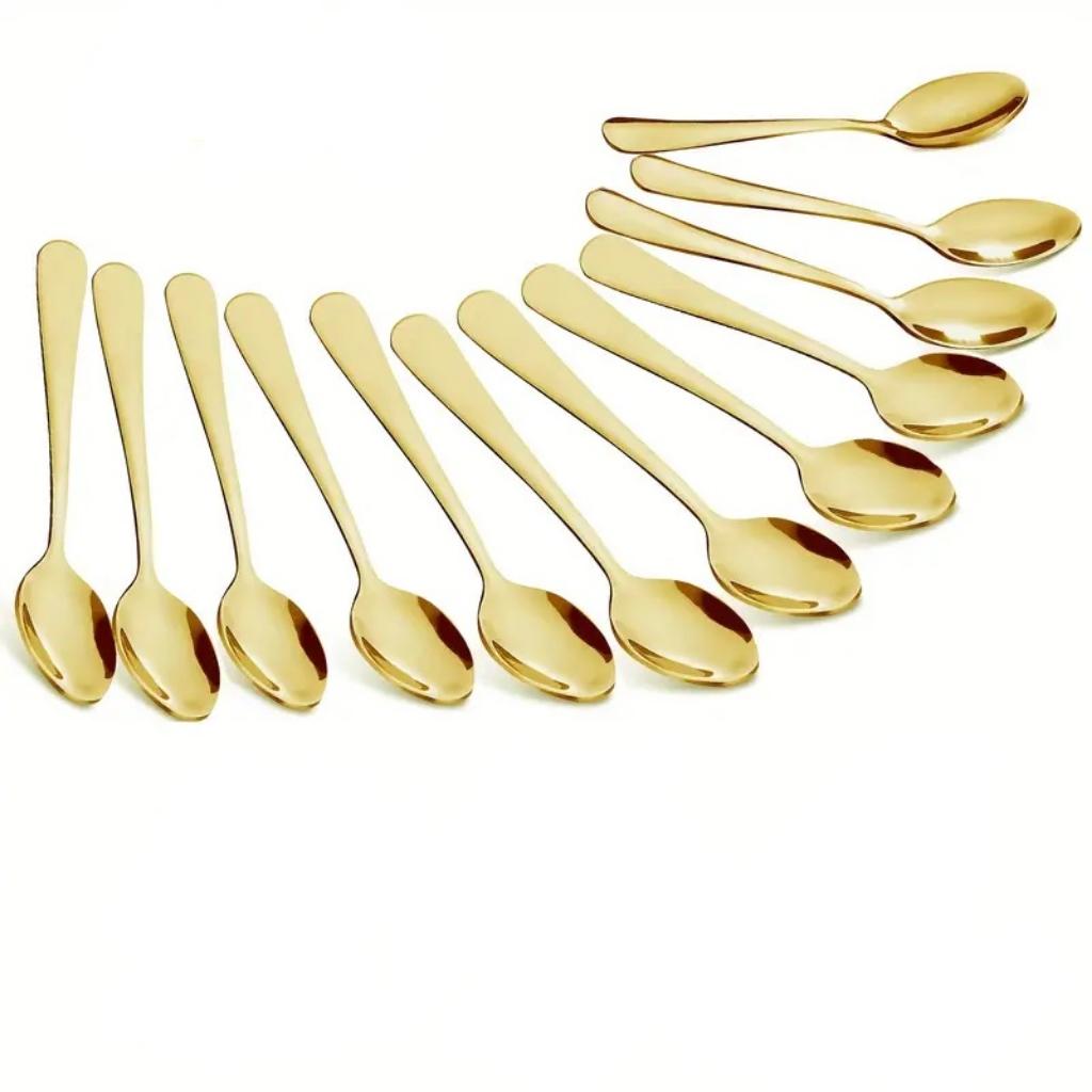12pcs gold stainless steel coffee spoon, dessert spoon, tea spoon, machine washable, suitable for kitchen, restaurant 12pcs