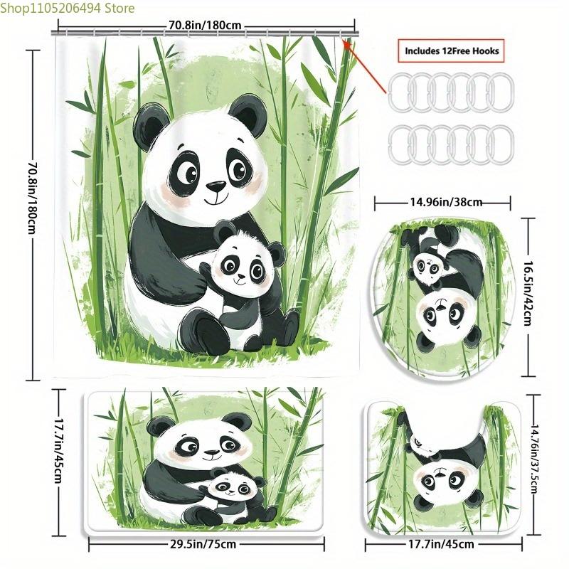 1/3/4pcs Bamboo Panda Shower Curtain Set - Cute Panda & Bamboo Design, Includes, U-Pad, Lid Cover, 12 Hooks, 180x180cm, Polyes