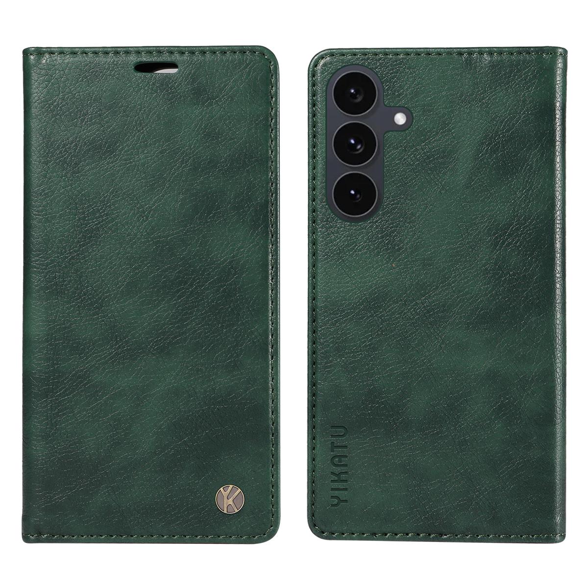

For Samsung Galaxy S25 FE Wallet Case YIKATU YK-006 Magnetic Closure Leather Phone Cover Litchi Texture Green
