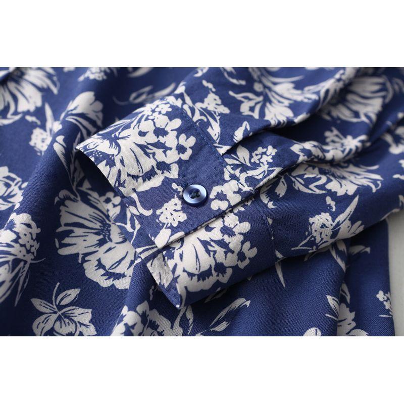 Foreign Trade Original Order Elegant Blue and White Porcelain Printed Cotton Silk Shirt Women's Long Sleeve Thin Summer Loose Artificial Cotton Tops