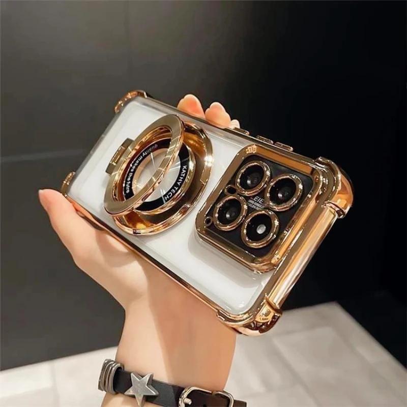 

Fashion Plating Stand Clear Magnetic Case For Redmi Note 14 13 12 11 C S Pro 4G 5G Air Bag Quadrangle Shockproof Protector Cover Redmi Note 14 Pro 4G (Global) золотий