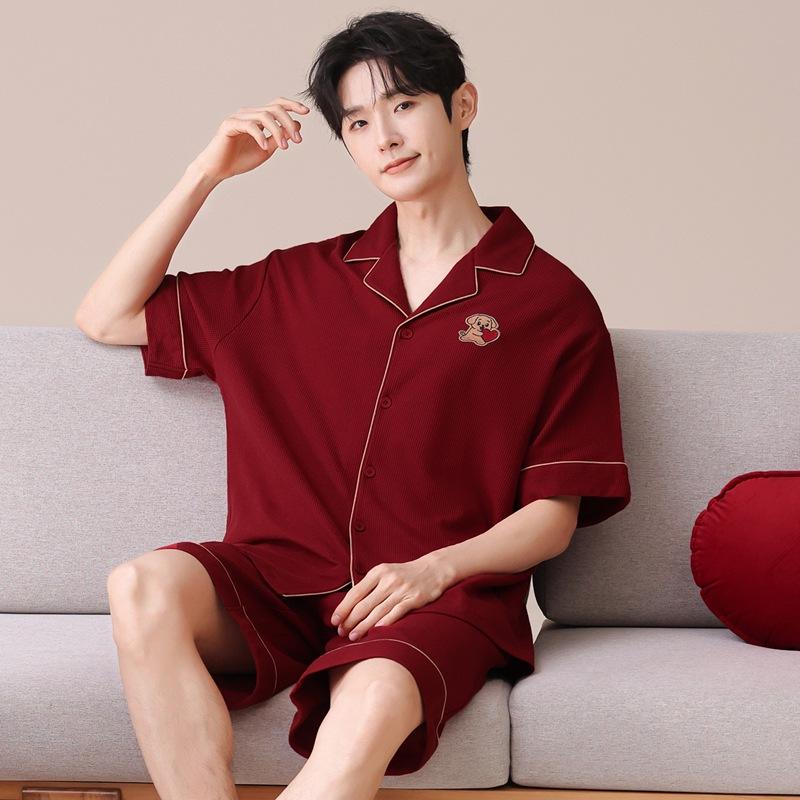 Couple Pajamas Summer Cotton Short-sleeved Nightgown Thin Wedding Wedding Burgundy Festive Natal Year Cotton Suit