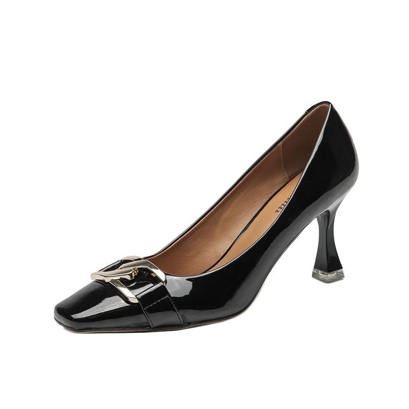 Fashion Patent Leather Square Toe Women Pumps Metal Chain Shallow Slip on Thin High Heels Party Office Pumps Autumn Fashion Work Shoes