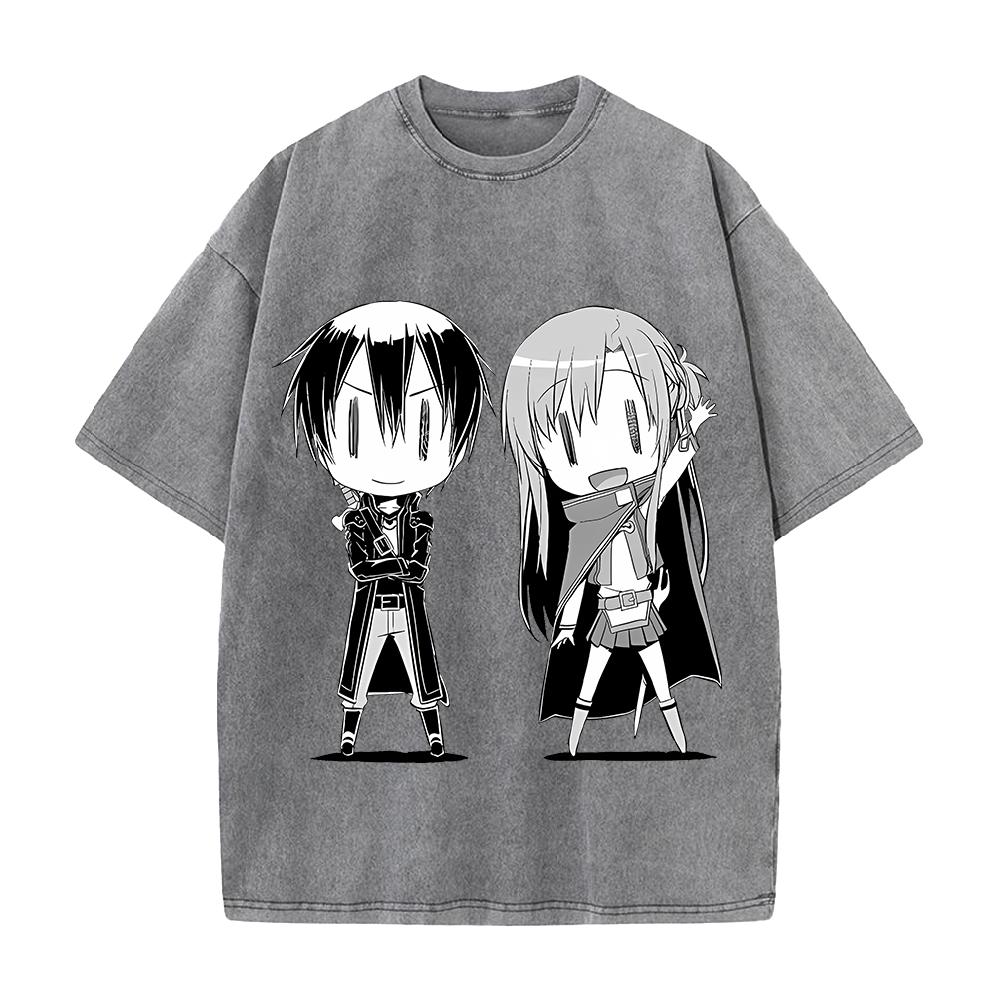 

Sword Art Online Kirito Asuna Cute Graphic Tshirt Men Women Clothing Short Sleeve Cotton T-shirts Washed Tee Harajuku T Shirt S серый