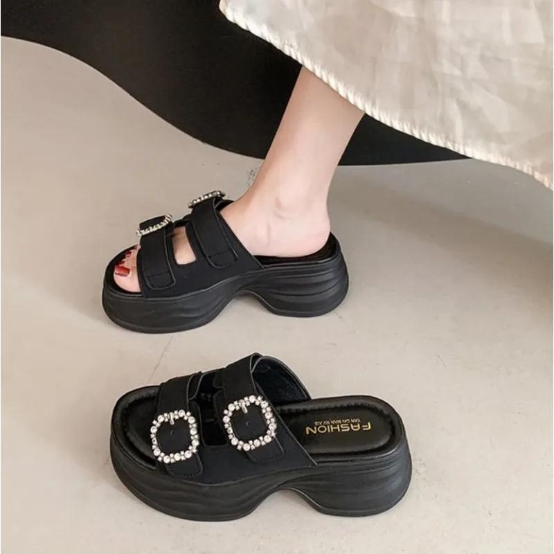 

Fashion luxury Female Slides Ladies Platform Slippers 2025 Summer Retro Concise Women s flip-flops Pantofle Platfor chanclas de mujer 35 чёрный