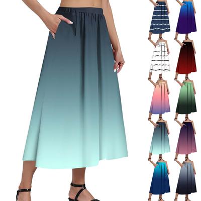 Damen Casual Mode Farbverlauf Streifen Bedruckter Rock Elastischer Lockerer Taschen Plissee Halbkörperrock (Mit Seitentasche)