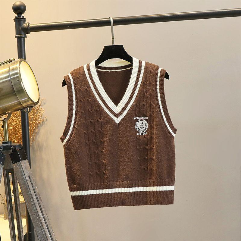 

Preppy Style Vest Short V-neck Stripes Knitting Vest Coffee S