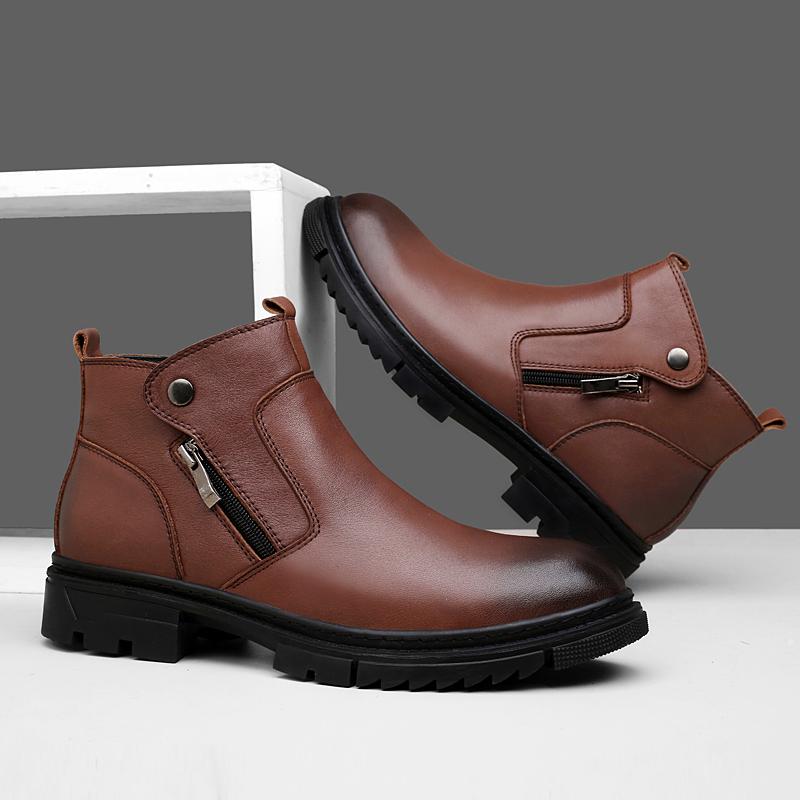 Fashion Genuine Leather Casual Shoe for Men British Style Short Boots Side Zipper High-Top Shoes Man Classic Chelsea Ankle Boots