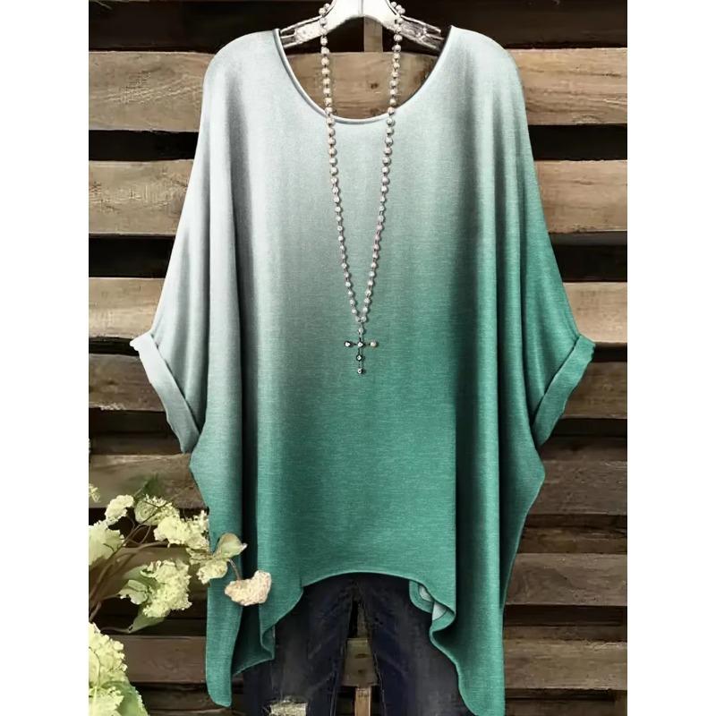 Vintage Women's T-Shirt Color Gradient Print Elegant Asymmetrical Hem O-Neck Short Sleeve Top Casual Fashion Street Outdoor Tops