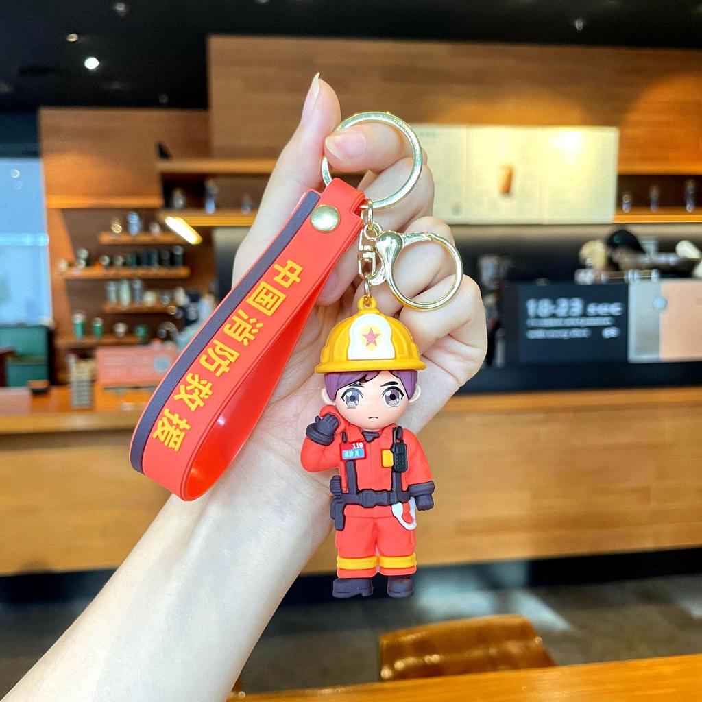 Cartoon Firefighter & Truck Keychain Pendant - Fun Souvenir & Small Gift