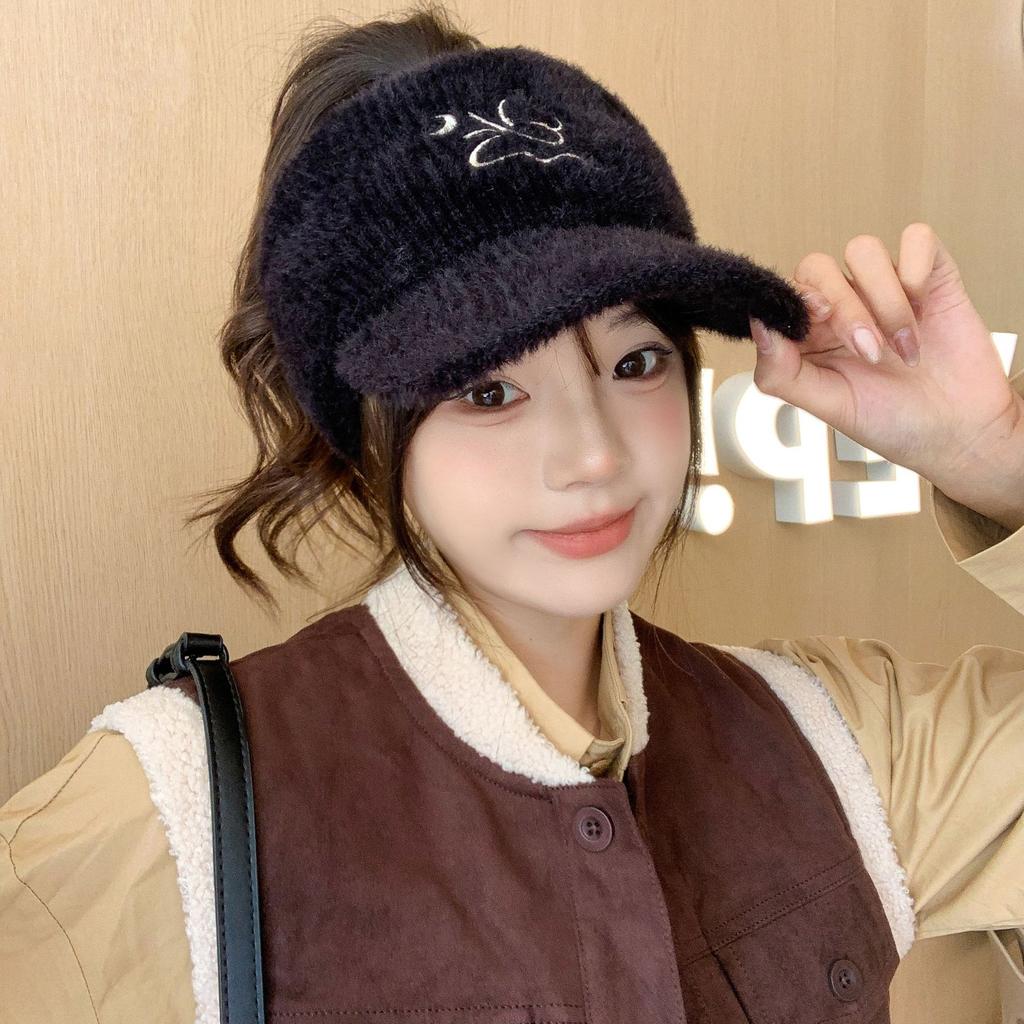 Women's Autumn and Winter Korean Version of Versatile Knitted Rabbit Warm Ear Protection Duck Tongue Baseball Cap Wool Cap Plus Velvet Thickened