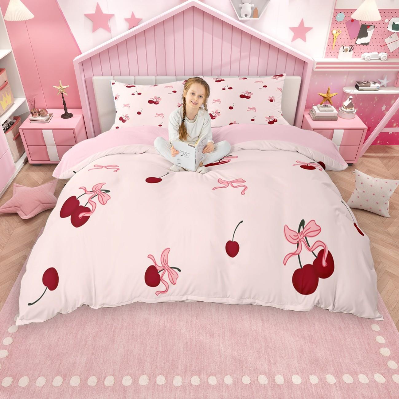 

Homewish Kawaii Cherry Strawberry Duvet Cover Set For Girls Cute Pink Bow Quilt Cover Set Tropical Fruit Theme Bedding Set EU Single(135*200cm)3pcs