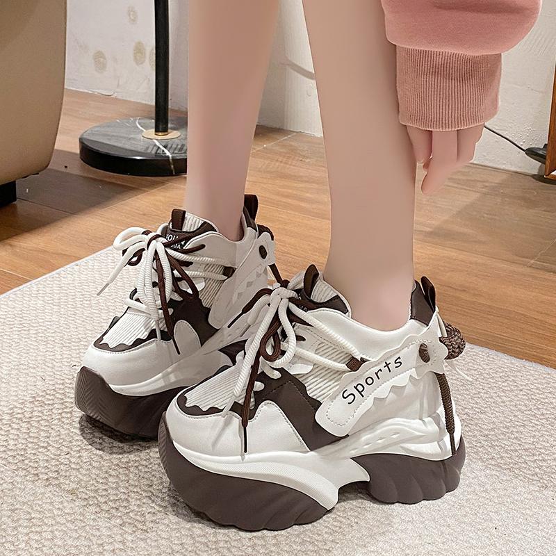 Fashion White Chunky Sneakers Women New Autumn Hidden Heel Platform Sports Dad Shoes Woman Lace Up Breathable Mesh Casual Shoes 10CM