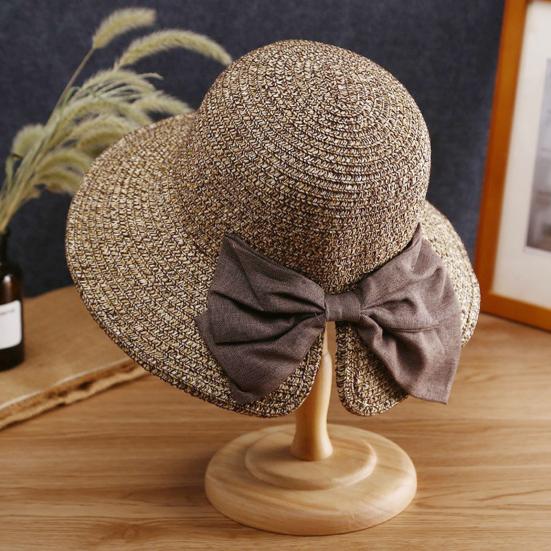 Straw Hat Bowknot Decor Wide Brim Foldable Summer Hat Sun Protection Lightweight Outdoor Travel Sun Hat Sunshade Accessory