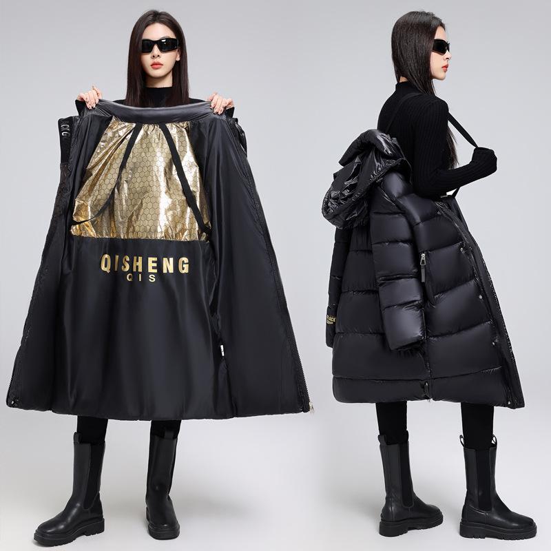 Palton nou de bumbac pentru bărbați și femei, palton lung de iarnă, gros, negru și auriu, palton larg cu glugă peste genunchi