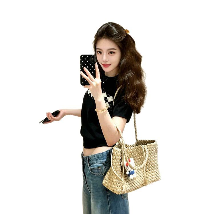 2026 Summer Chic Plaid Print Retro Tee - Short Sleeve, Slim Fit, Fairy Style