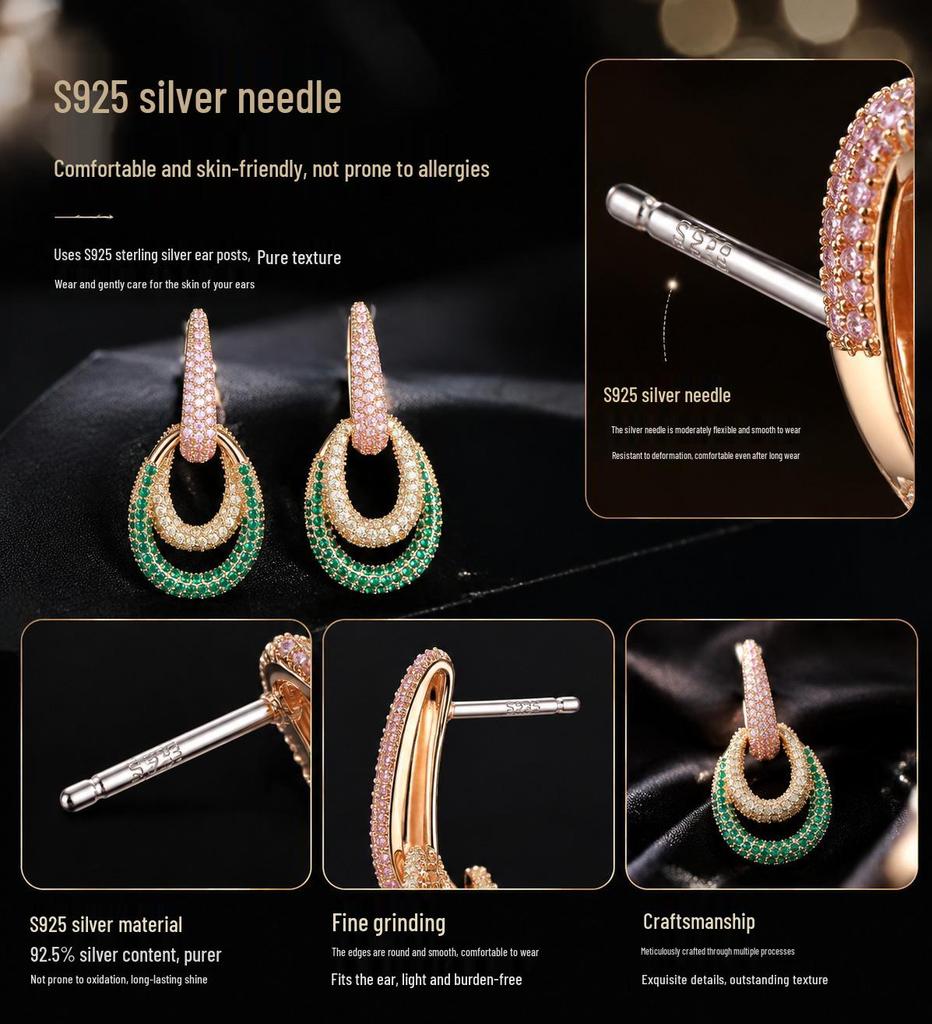 High-End Women's Zirconia-Inlaid S925 Silver Geometric Hoop Dangle Earrings