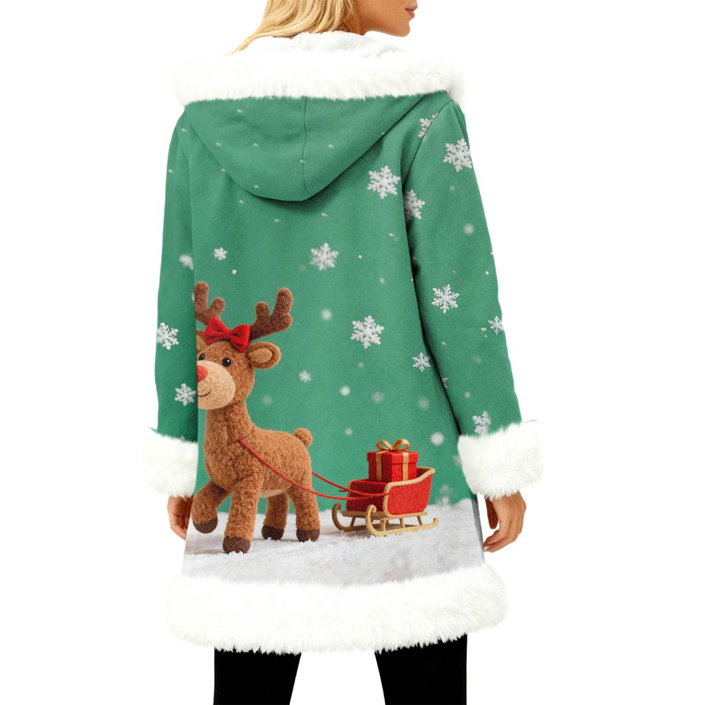 Unisex Casual And Fashionable Plush Collar Hooded Long Sleeved Christmas Printing Jacket