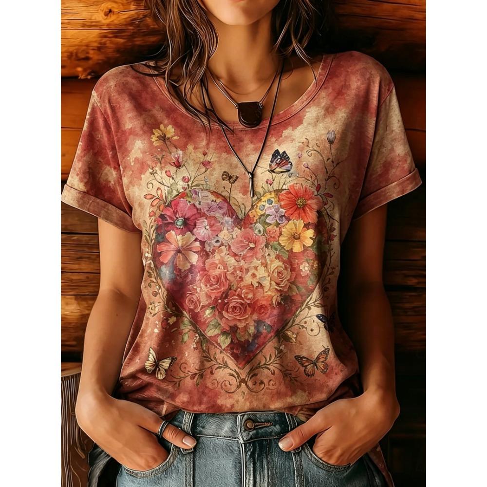 Women's Yellow Tie-Dye Sunflower Butterfly Print Round Neck T-Shirt Short Sleeve Casual Tops for Spring Summer