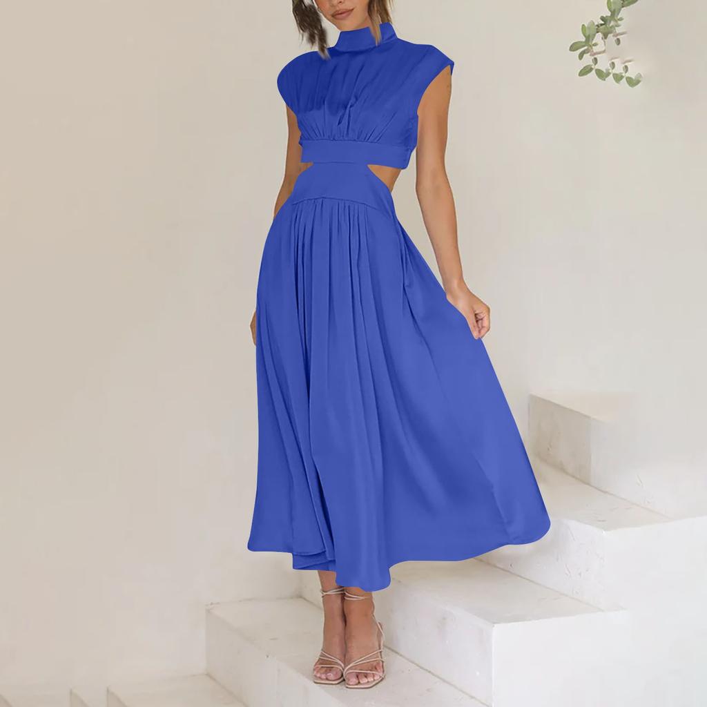 Women's Color Casual High Neck High Waist Maxi Pocket Open Waist Maxi Dress