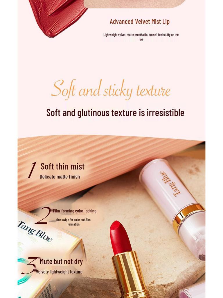 Tang Blue Matte Lipstick: Soft Focus, Non-Stick, Silky, Lightweight, Non-Drying Formula