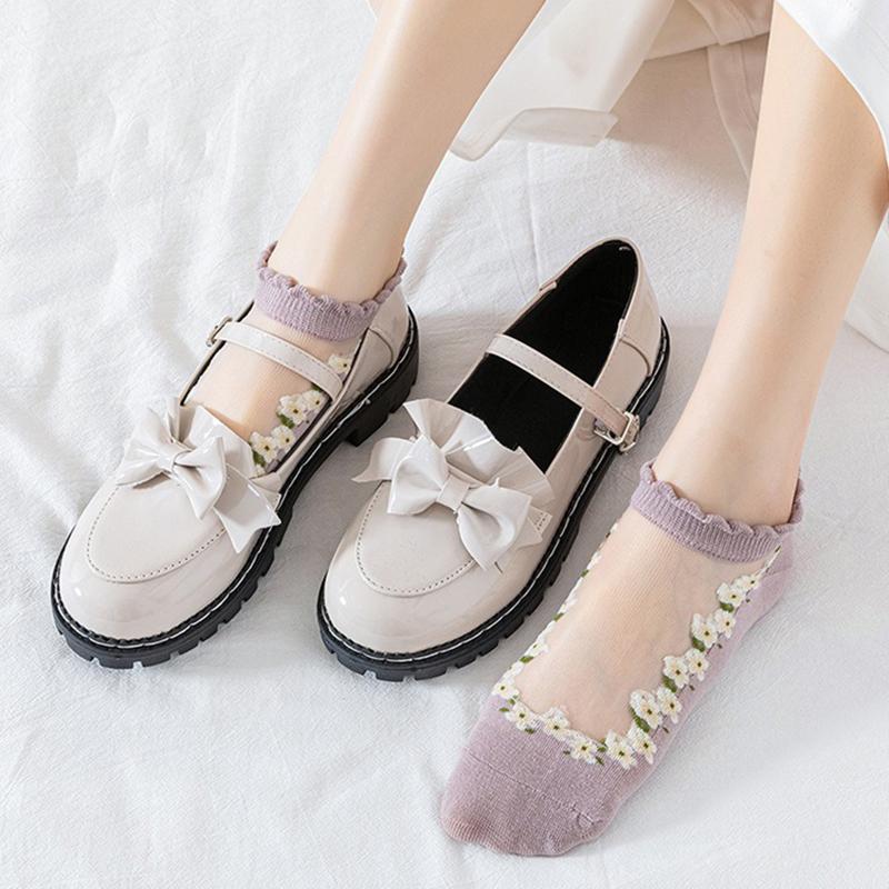 7 Pairs Women Floral Printed Transparent Socks Fashionable Cute Lace Sweat Absorbing Breathable Soft Comfortable Casual Socks