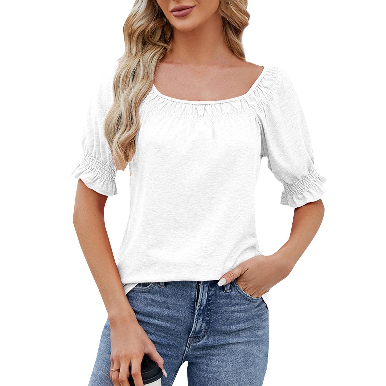 

Женская модная повседневная свободная однотонная футболка с квадратным вырезом и короткими рукавами XL белый