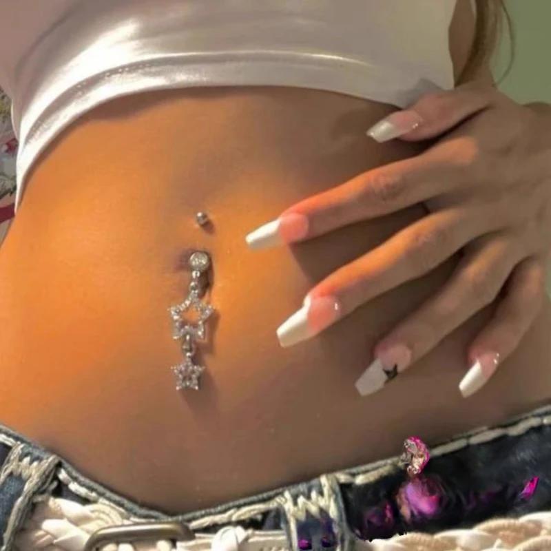 New Star Belly Button Rings Long Dangled Bar Belly Navel Piercing Ring Shinny Crystal Charming Oreja Body Zircon Accessories