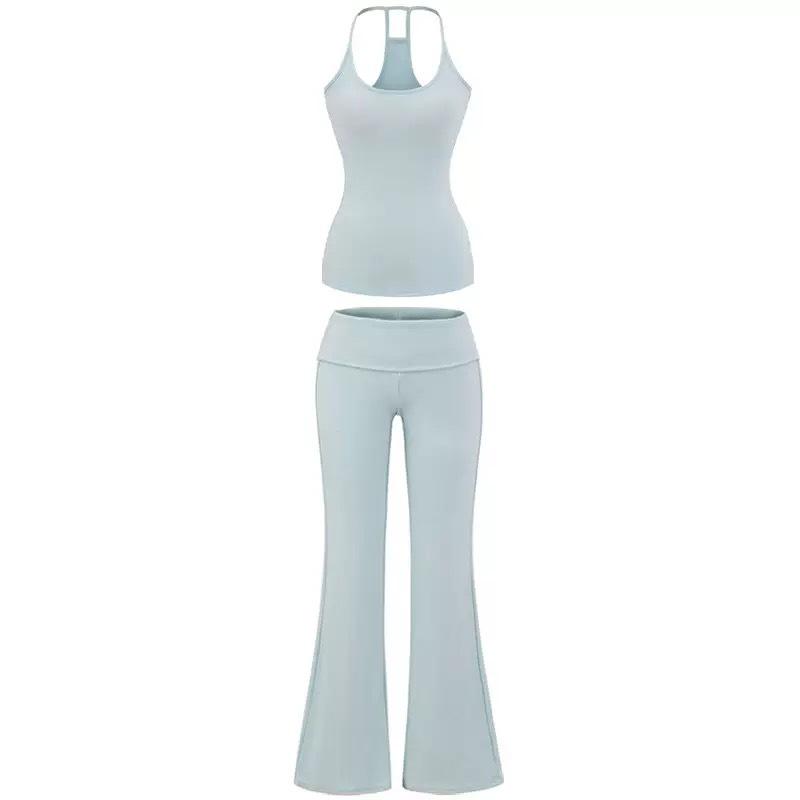 Women's Cross-border Yoga Set: Bare Feel Sports Tank with Chest Pads & High Elastic Flared Fitness Pants