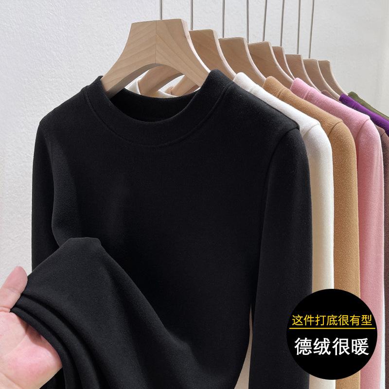 Crew neck German velvet bottoming shirt for women's autumn and winter with double-sided velvet warm new long-sleeved t-shirt top