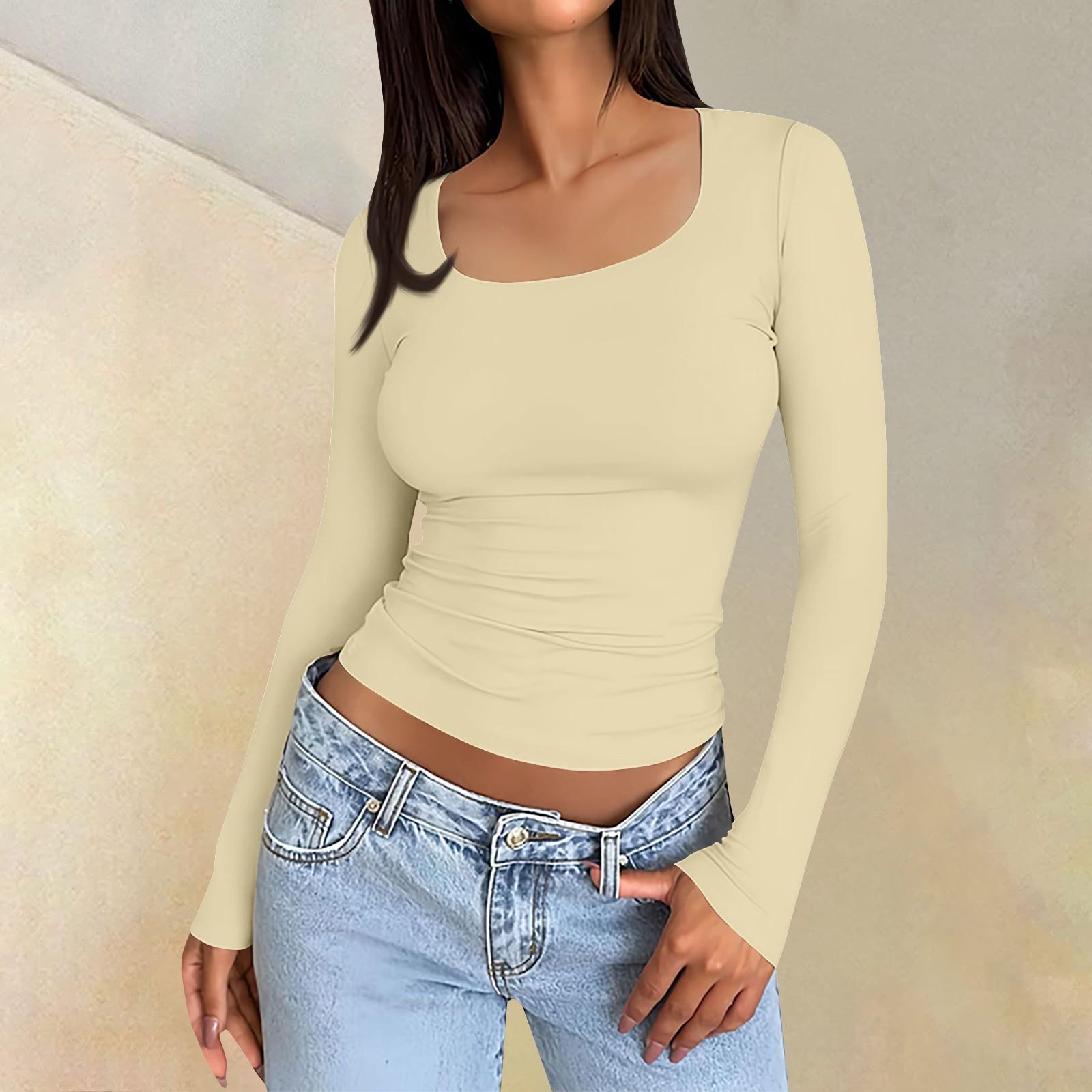 

Женская повседневная модная однотонная футболка с длинным рукавом и квадратным вырезом, топ, пуловер M