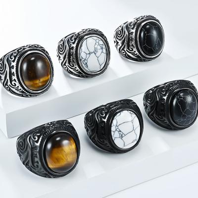 Vintage Carved Men's Ring with Tiger Eye  Turquoise Stone Inlay Black White Stainless Steel Thumb Ring Bohemian Style Jewelry for Him