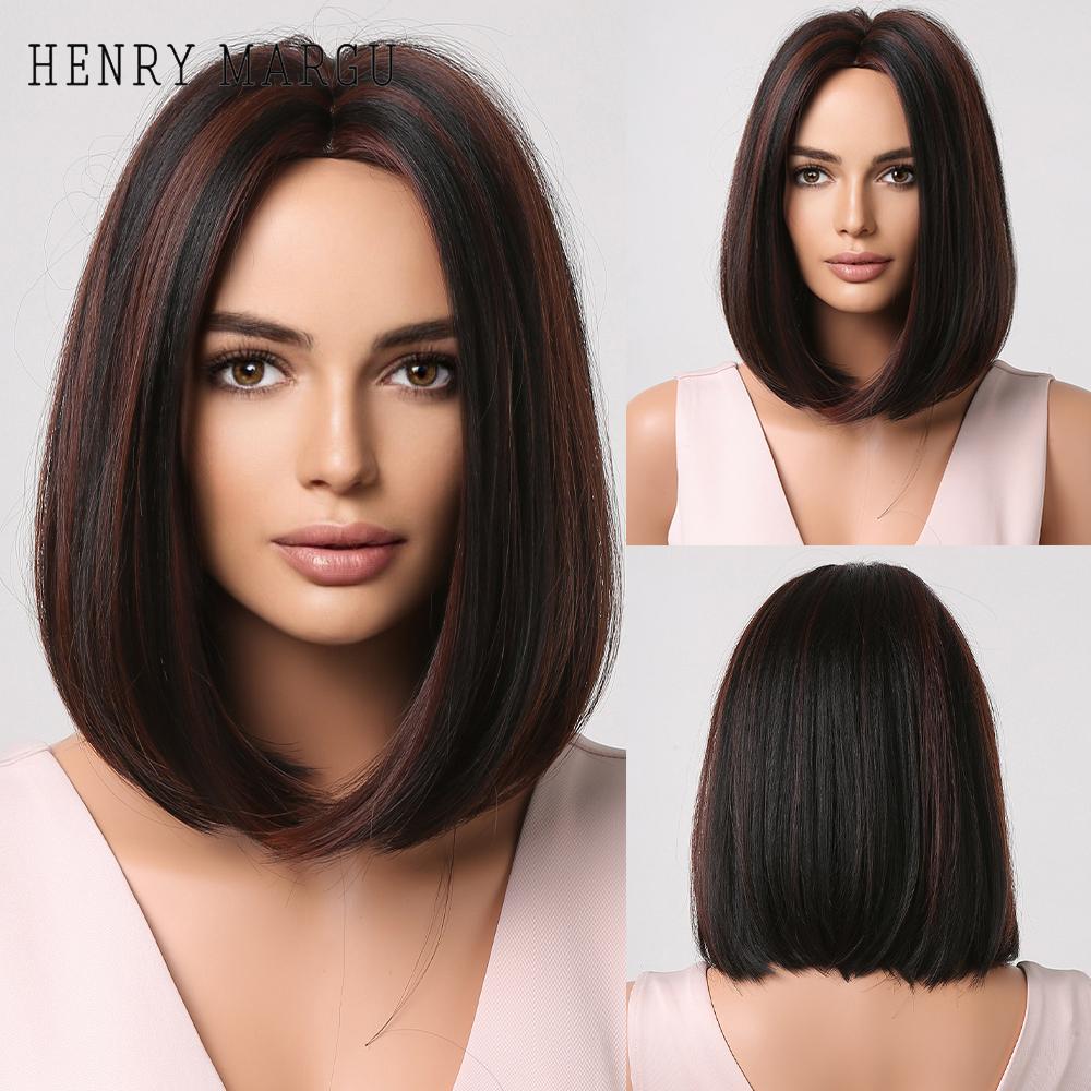 HENRY MARGU Short Bob Synthetic Wigs Ombre Black Brown White Natural Straight Wigs for Women Middle Part Daily Heat Resistant