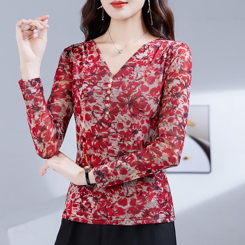 

Женский осенний топ с V-образным вырезом и длинными рукавами, с сетчатым принтом, 2025 2XL красный