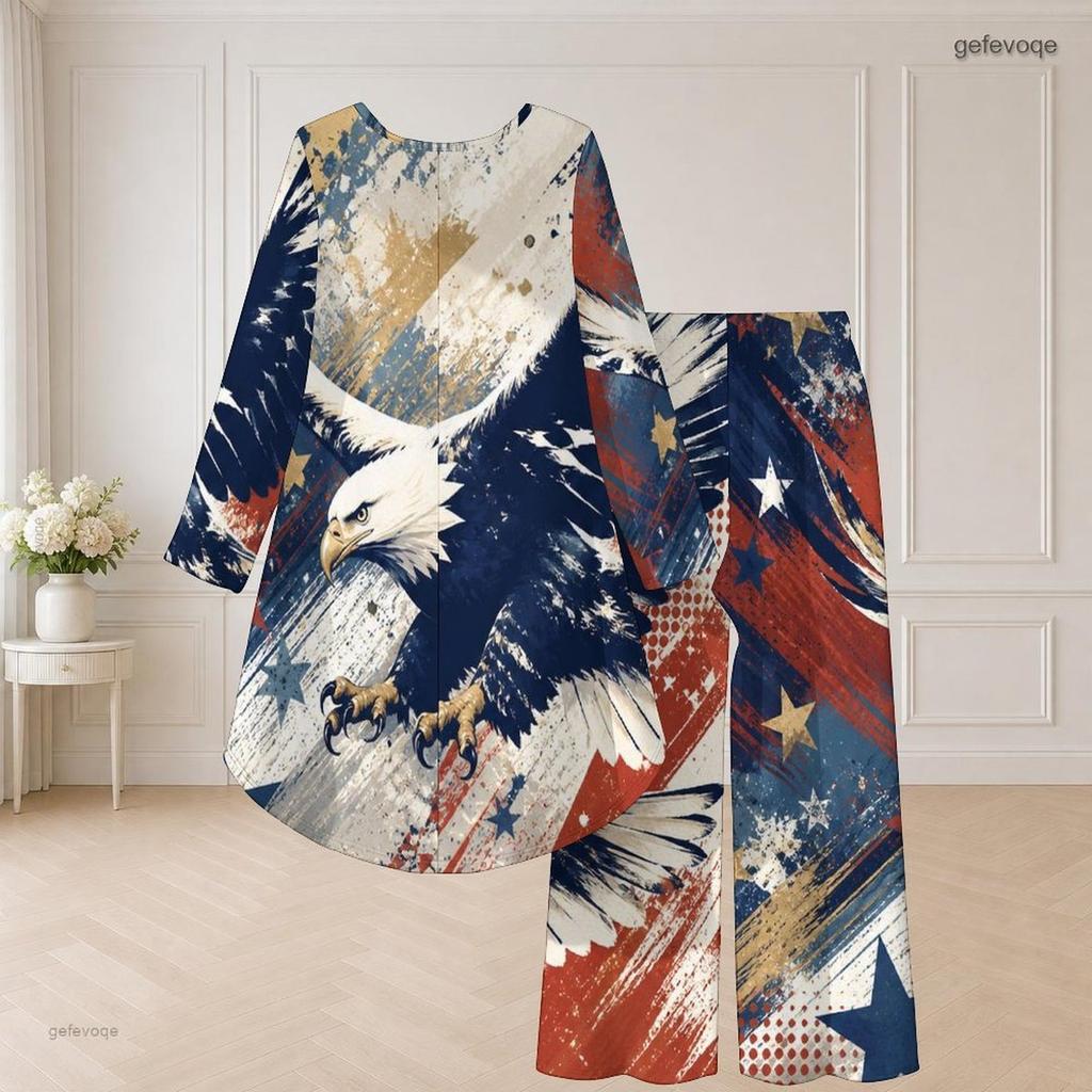 Women Plus Size Two Piece Pants Set Round Neck Long Sleeve Eagle Printed High Low Top Wide Leg Pants