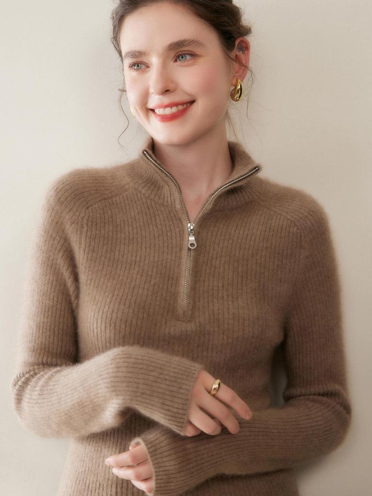 Zipper Lapel Cashmere Knit Loose Long Sleeve Pullover Sweater for Autumn/Winter