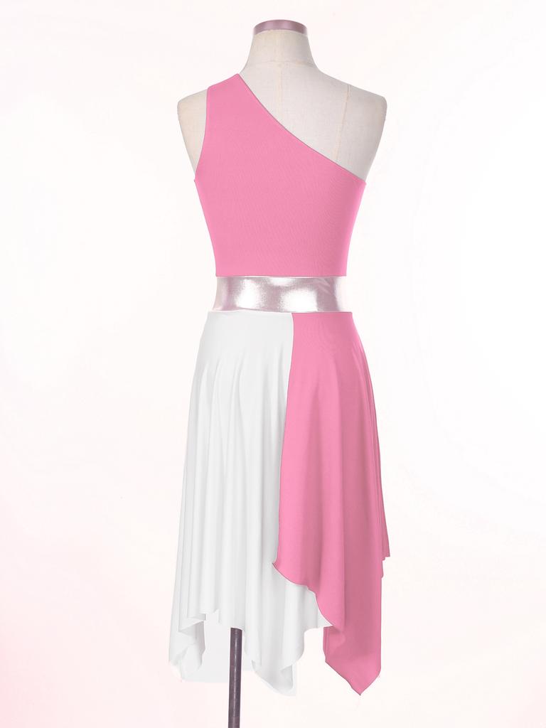 Női egy váll színes blokk táncruha Patchwork aszimmetrikus szegély ujjatlan ruhák táncruhák