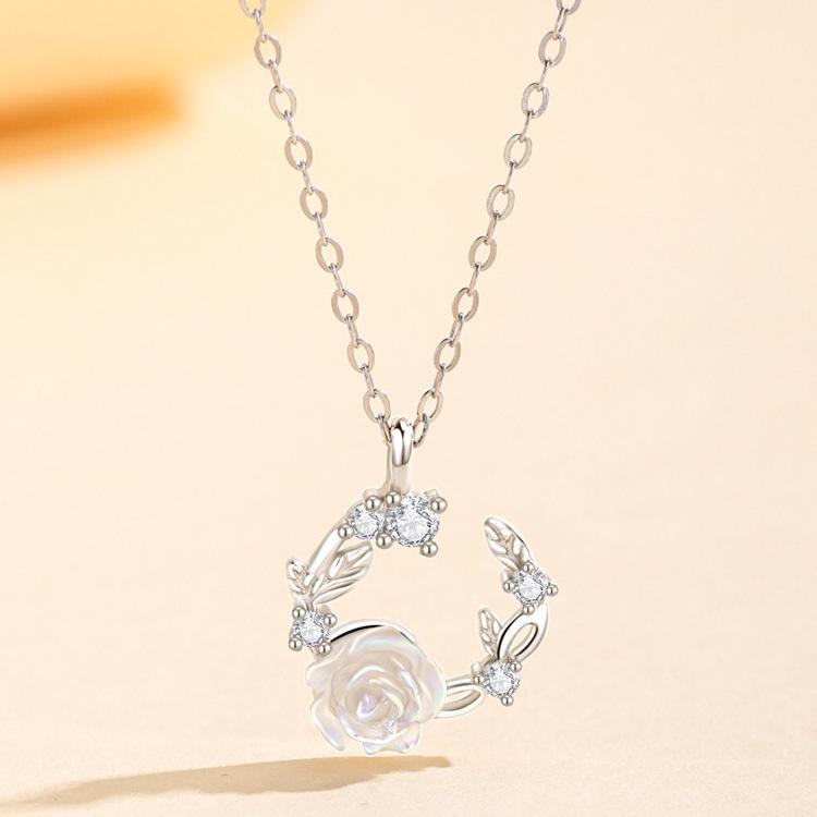 

Iridescent Camellia Crescent Moon Necklace Floral Pendant Collarbone Chain Ethereal Fairy