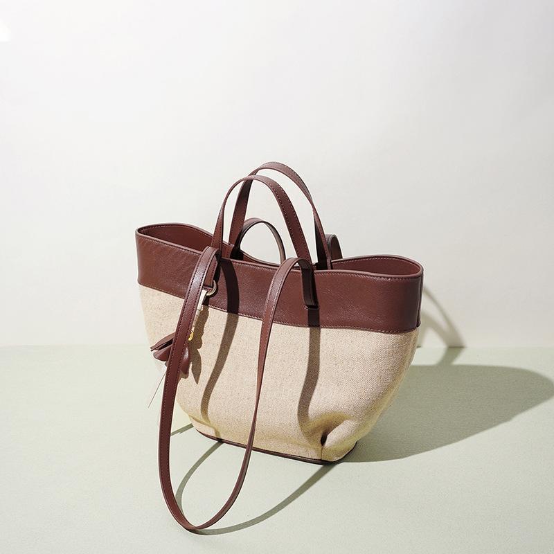 Bag Women's Contrast Color Retro Soft Leather Linen Large Capacity Tote Bag Portable Shoulder Underarm Bag