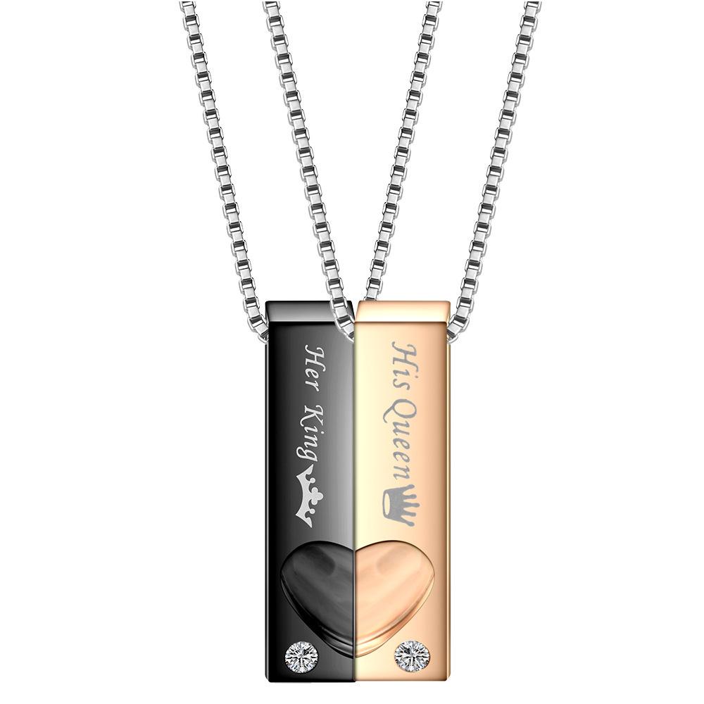 His Queen, Her King Heart Pendant Titanium Couple Necklace