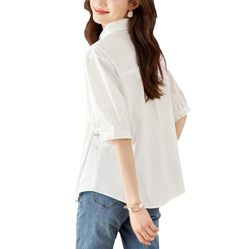 Short-sleeved Summer Pleated Top Loose and Thin Cotton Shirt