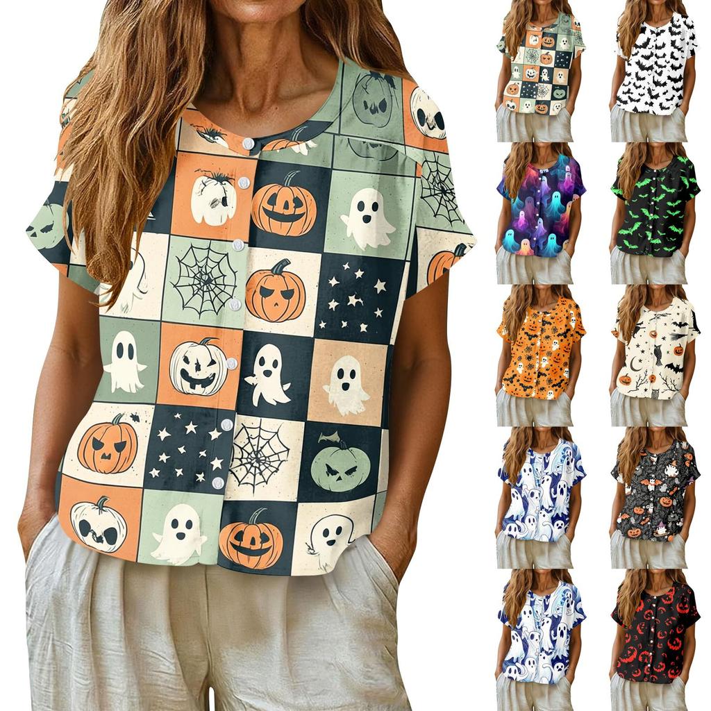 Women's Fashion Henley Neck Single Breasted Halloween Print Shirt Short Sleeve Casual Blouse Lightweight Button Down Top