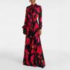 Spring/Summer 2024 Red Retro Print Pleated Chiffon Long Dress with Waist-Gathering for Women