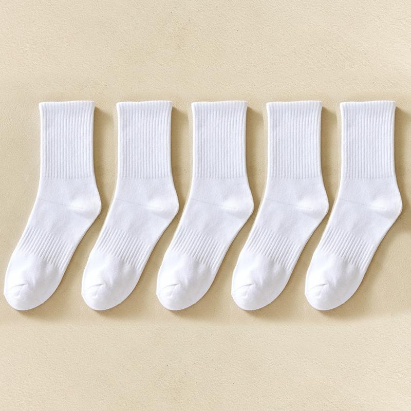 Soild Cotton Sports Socks Mid Calf Black White Stockings Soft Breathable Athletic Socks Soft Comfortable Solid Hosiery