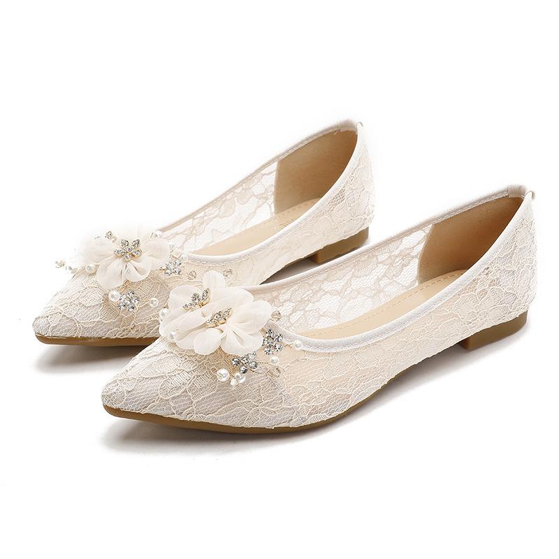Fashion Sweet Flower Decoration Lace Flat Shoes for Woman Air-meash Loafers Crystal Pearl Beading Wedding Shoes Women Moccasins Size 43