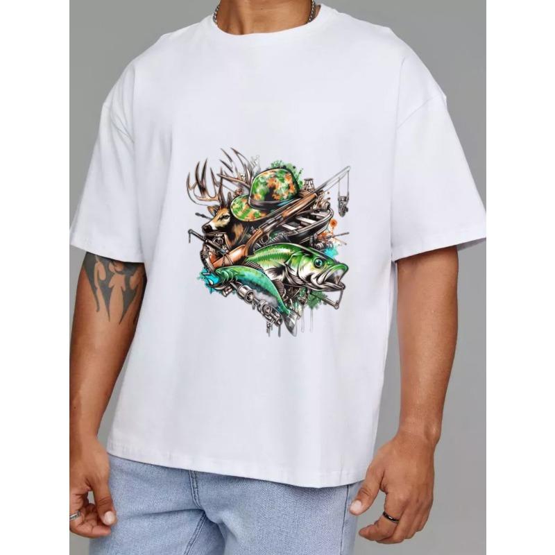 Men's Short Sleeve T-Shirt White Hunting and Fishing Graphic Design Outdoor Adventure Casual Wear