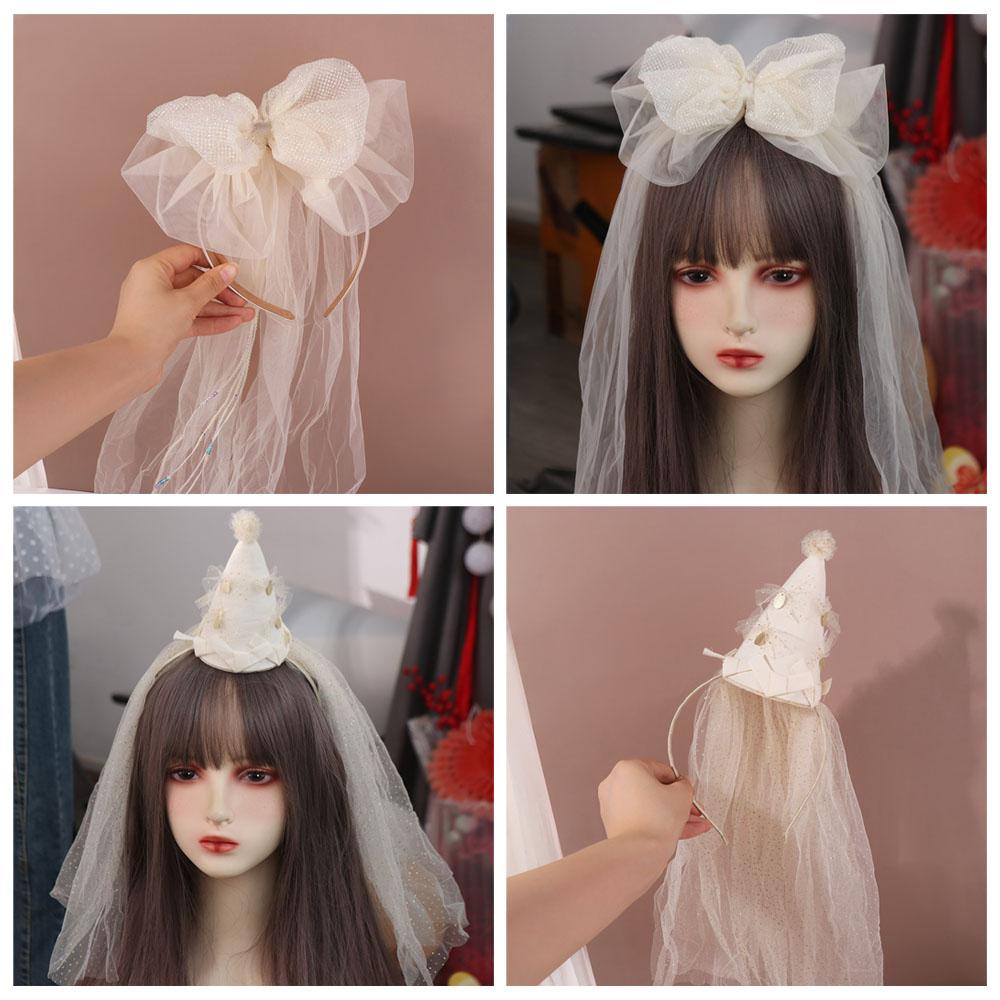Creative Mesh Bow Headband Soft Birthday Photograph Prop Hair Hoop White Veil Hairband  Girls