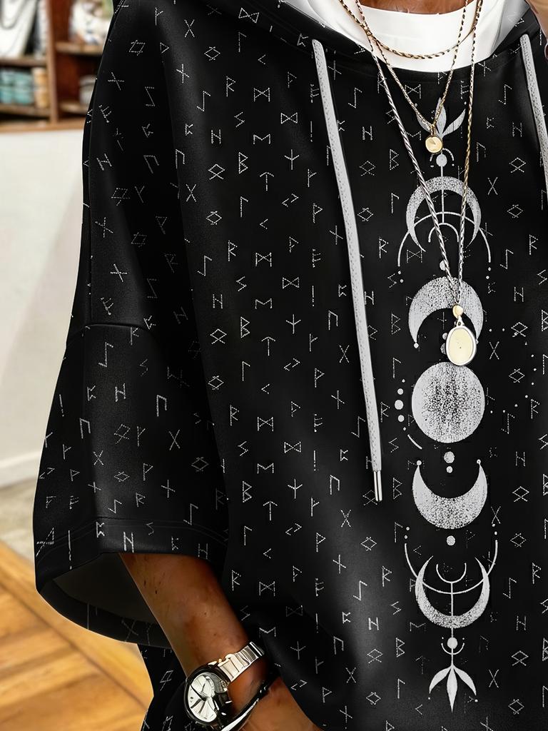 Women's Dark Moon Script Printed European and American Large Size Loose Drop Shoulder Drawstring Hoodie