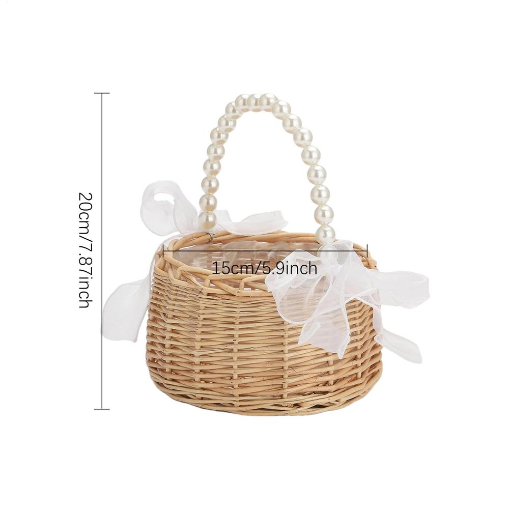wicker rattan flower child Basket with Pearl handle and bow Hand woven Easter basket Wicker basket for Weddings